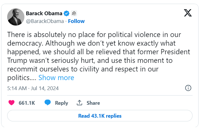 Screenshot of Obama's Tweet